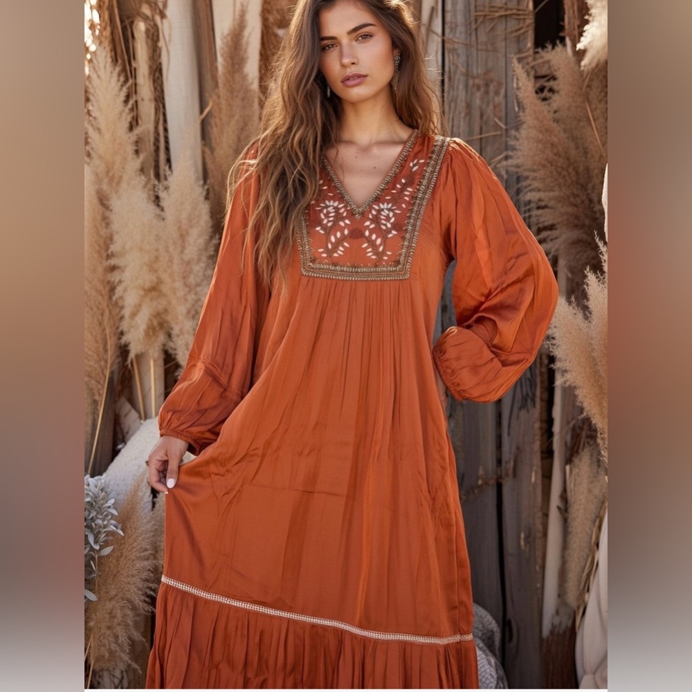 EX VOTO VINTAGE HAZEL MAXI DRESS IN CHILI